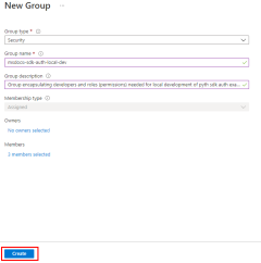 Captura de pantalla de la página Nuevo grupo que muestra cómo completar el proceso con la selección del botón Crear.