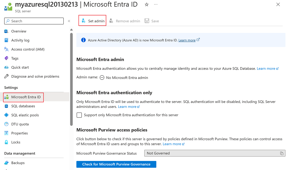 Captura de pantalla de Azure Portal que muestra la página de SQL Server y la configuración de Microsoft Entra con la opción Establecer administrador resaltada.
