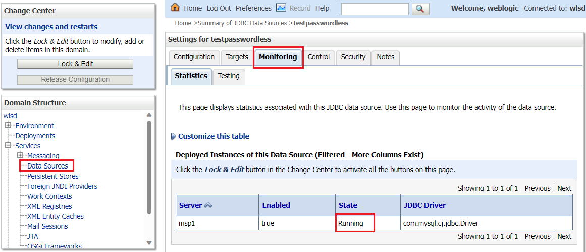 Captura de pantalla del portal de webLogic Console que muestra el estado del origen de datos MySQL.