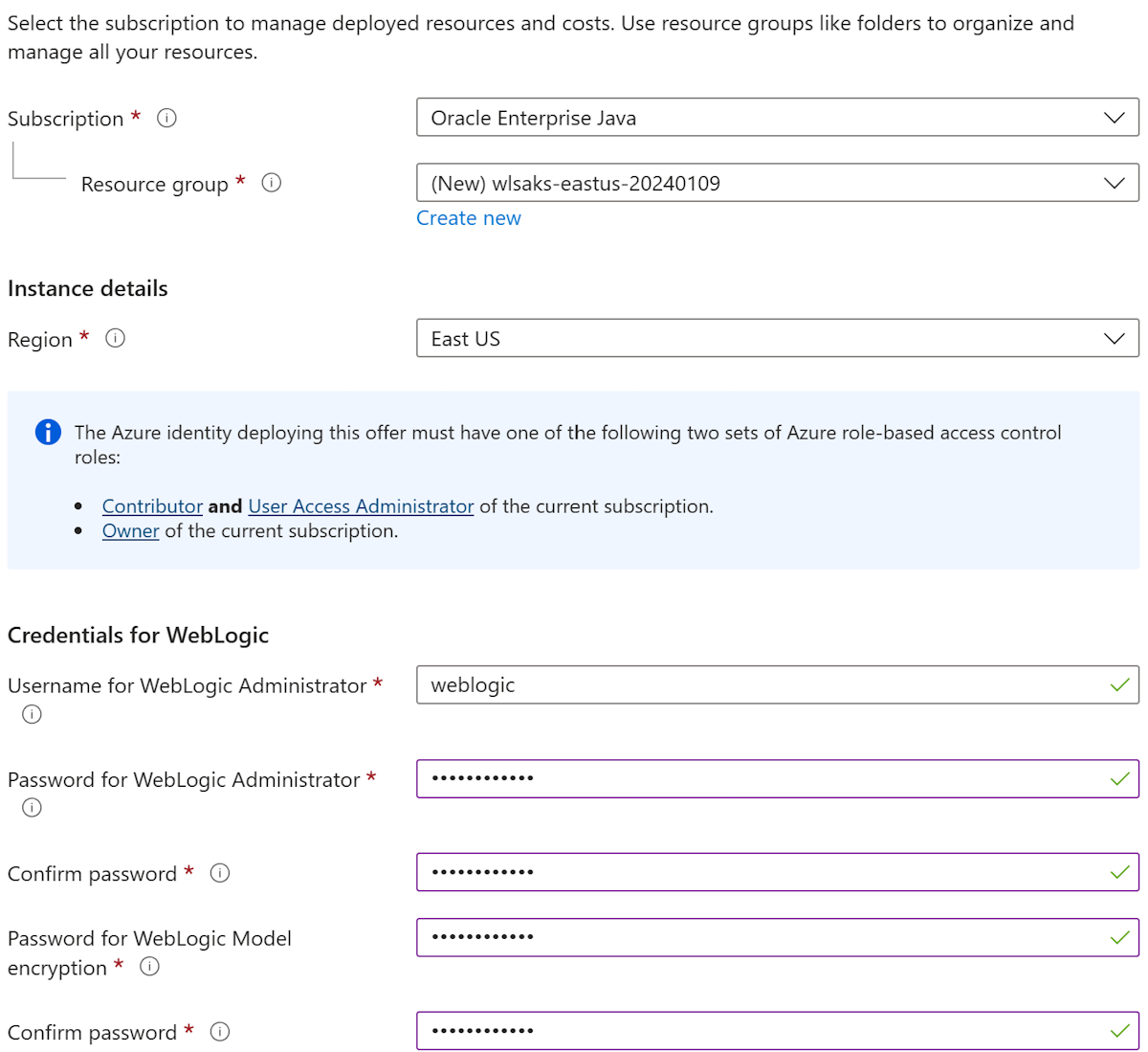 Captura de pantalla de Azure Portal que muestra el panel Aspectos básicos de Oracle WebLogic Server en AKS.