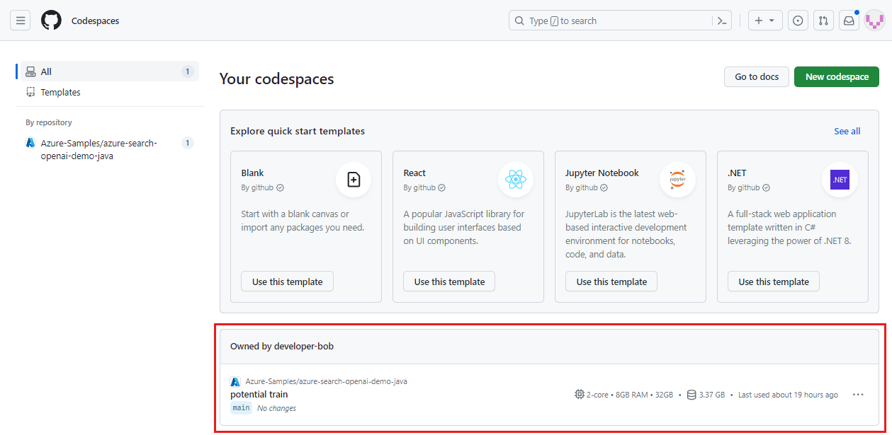 Captura de pantalla de todos los codespaces en ejecución, incluidos sus estados y plantillas.