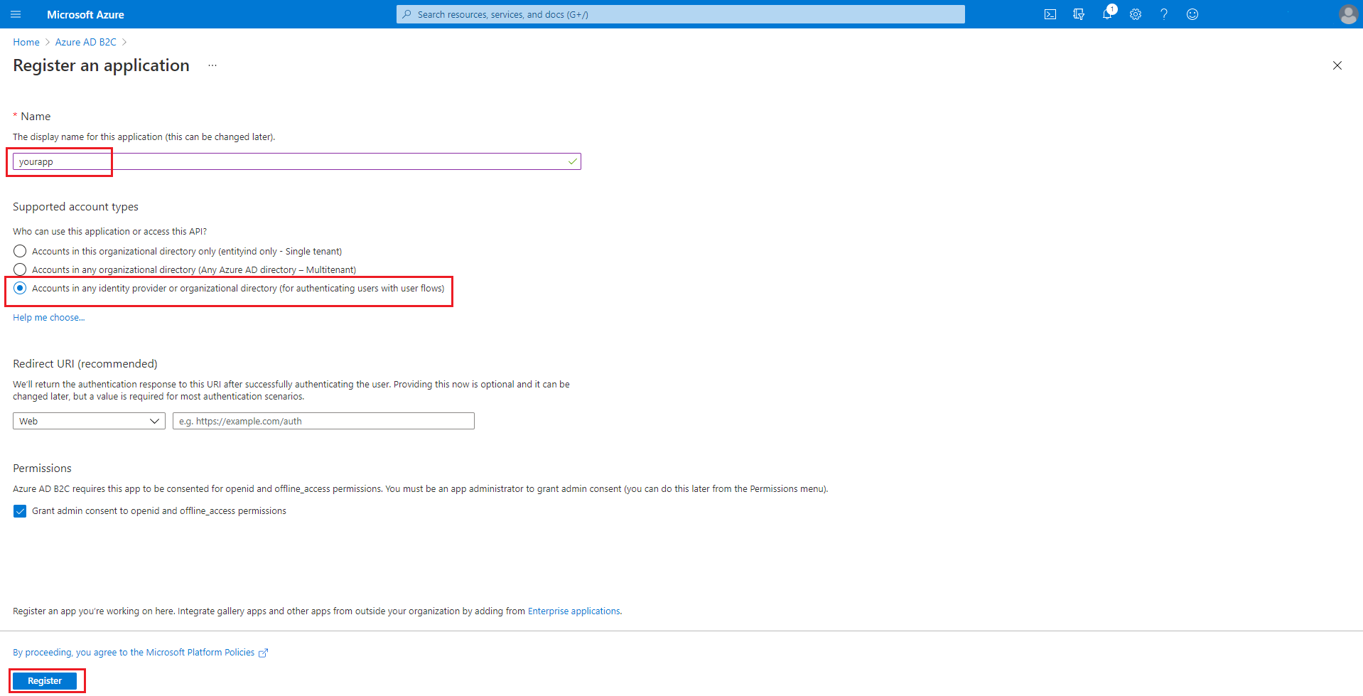 Formulario para registrar una aplicación de Azure AD B2C.