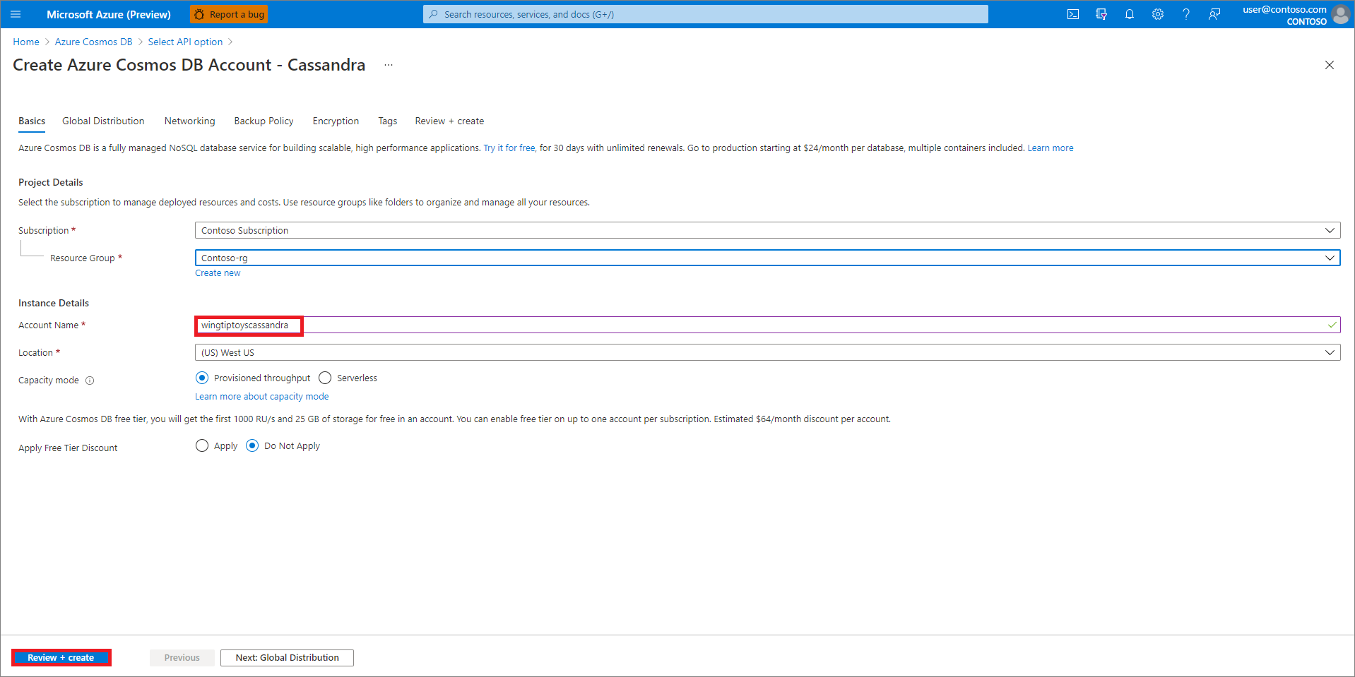 Especifique la configuración de la cuenta de Azure Cosmos DB.