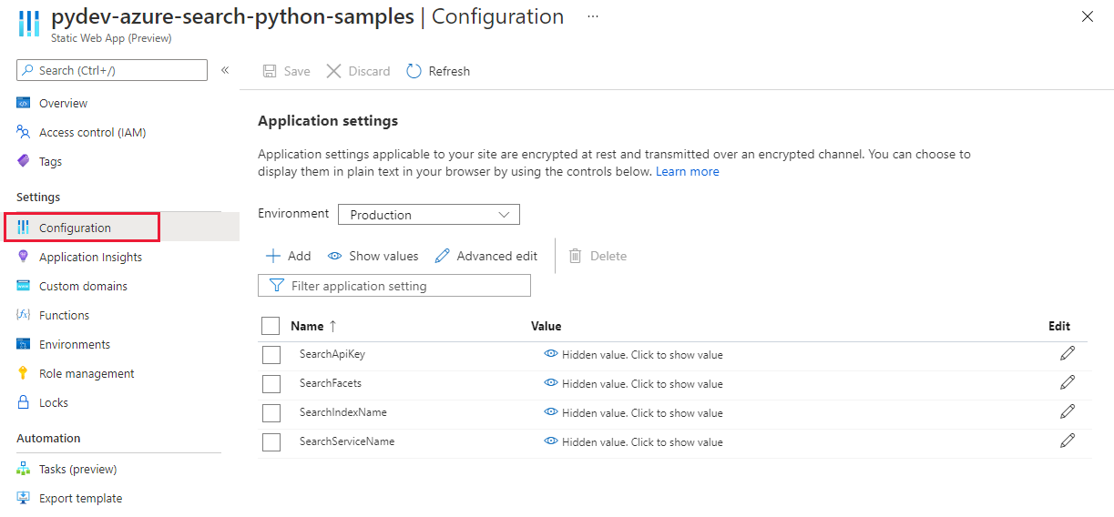 Captura de pantalla de Azure Portal: en Ajustes y luego Configuración.