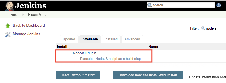 Adding the NodeJS plug-in to Jenkins