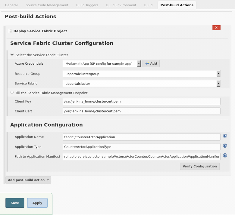 Acción posterior a la publicación de Jenkins para Service Fabric: configuración de las credenciales de Azure