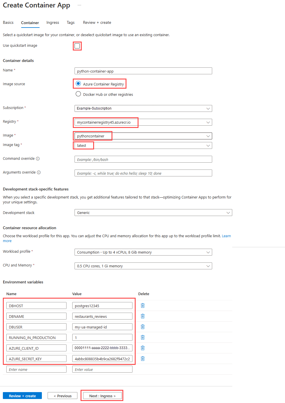Captura de pantalla que muestra las selecciones para configurar la configuración del contenedor para un servicio Azure Container Apps en Azure Portal.