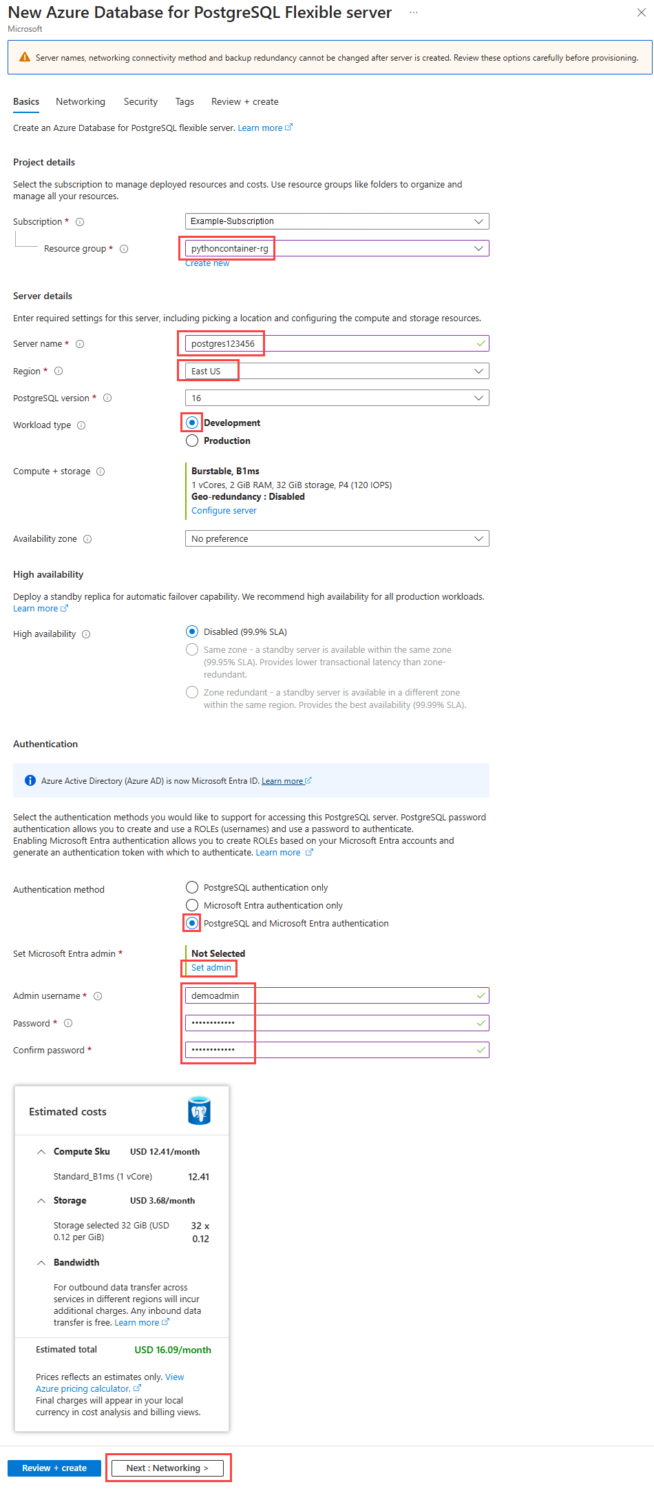 Captura de pantalla que muestra la configuración básica de un servidor flexible de Azure Database for PostgreSQL en Azure Portal.