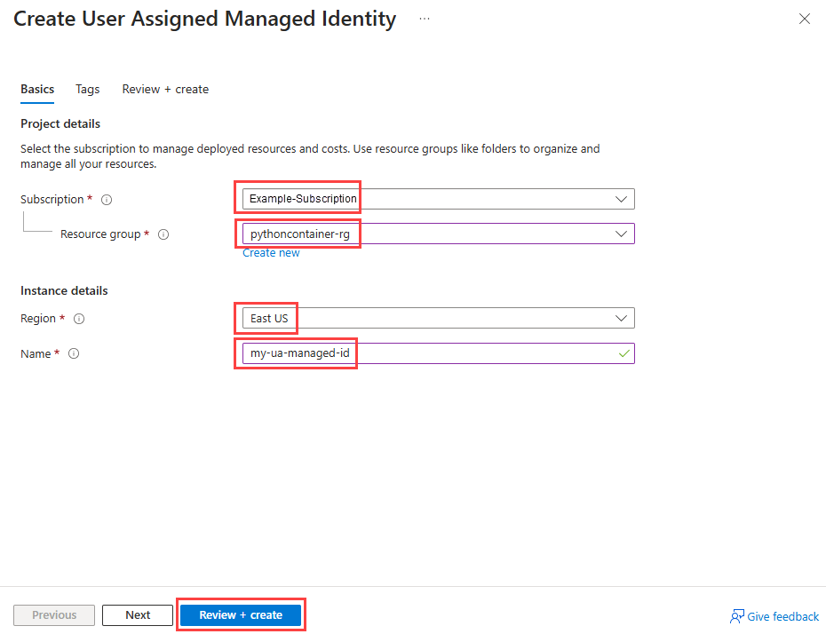 Captura de pantalla que muestra el panel para crear una identidad administrada asignada por el usuario.