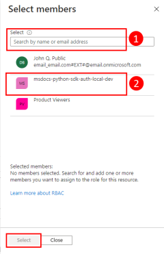 A screenshot showing how to filter for and select the Azure AD group for the application in the Select members dialog box.