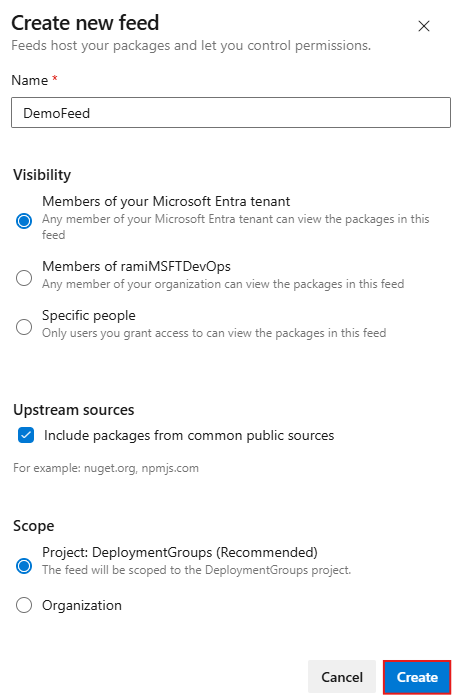 Captura de pantalla que muestra cómo crear un nuevo feed en Azure Artifacts.