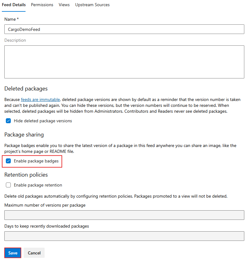 Captura de pantalla que muestra cómo habilitar distintivos de paquete en Azure Artifacts.