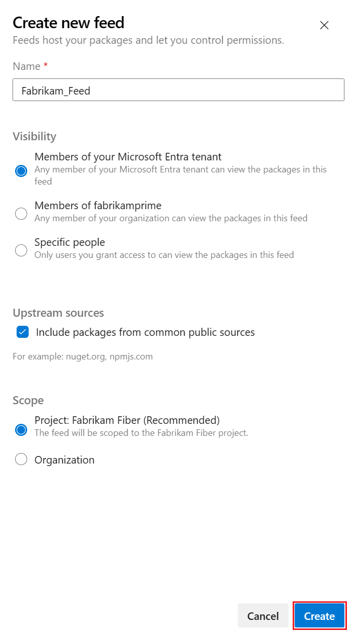 Captura de pantalla que muestra cómo crear una nueva fuente en Azure DevOps Services.