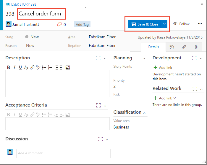 Captura de pantalla de un proceso de Agile, formulario de elemento de trabajo Caso de usuario