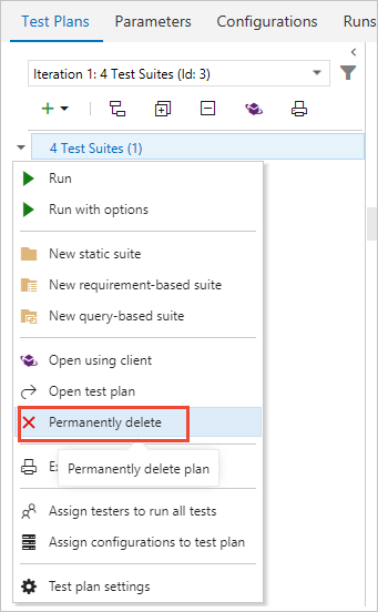 Delete test plans and artifacts from Test pages.