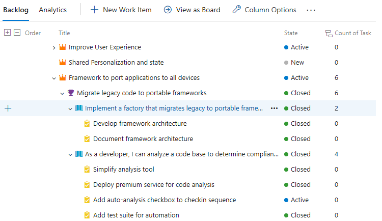 Captura de pantalla que muestra la columna Recuento de paquetes acumulativos de tareas.