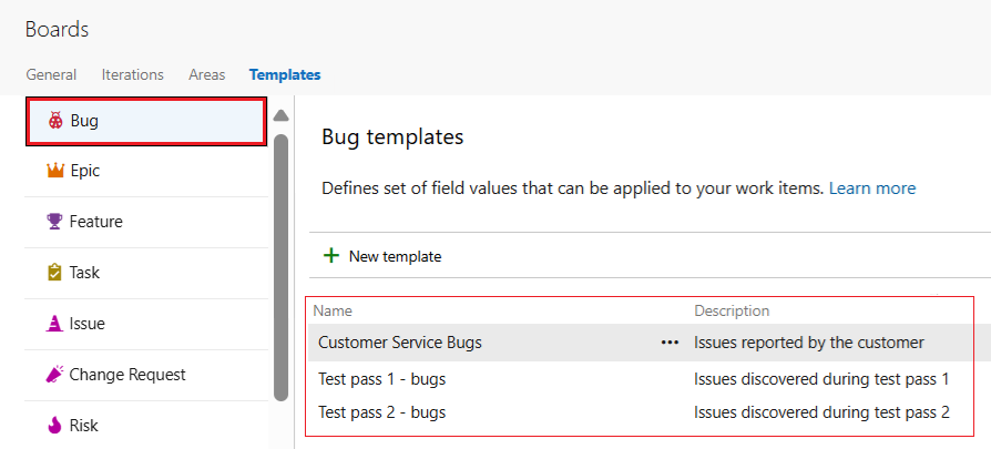 Captura de pantalla de las plantillas definidas para el tipo de elemento de trabajo Error.