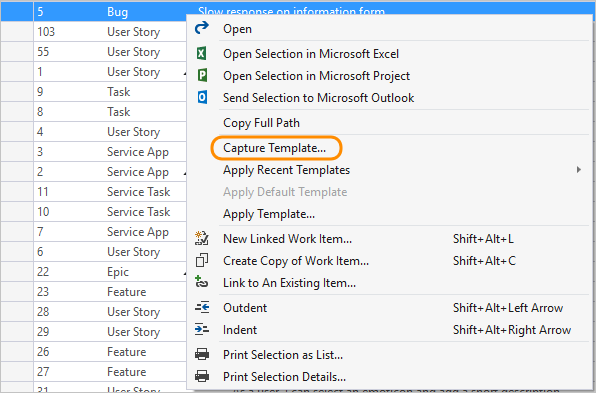 Screenshot of Capture work item field definitions as a template from Visual Studio with Power Tools installed.