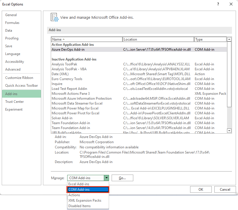 Captura de pantalla de opciones de Excel, complementos, selección de Complementos COM.