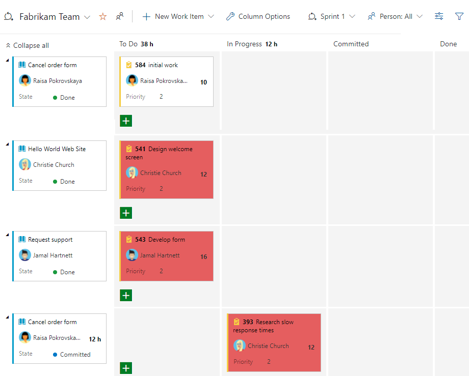 Captura de pantalla de Azure Boards, Panel de tareas