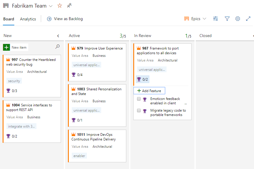 Panel Kanban de épicas