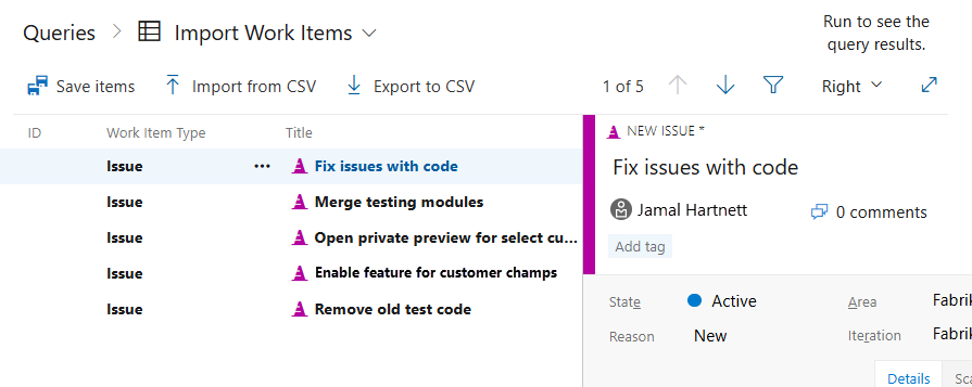Captura de pantalla que muestra el elemento Guardar de los elementos de trabajo importados.