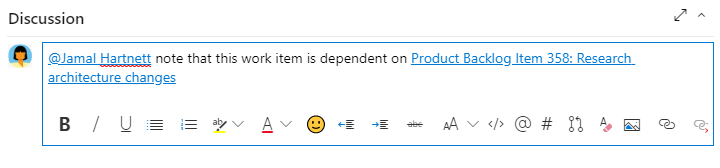 Captura de pantalla de la sección Discusión, barra de herramientas del Editor de texto enriquecido.