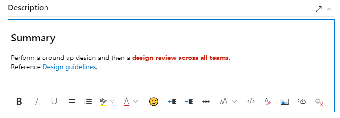 Captura de pantalla que muestra la barra de herramientas del editor de texto enriquecido de Azure DevOps&nbsp;2020.