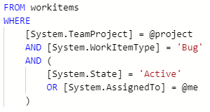 Captura de pantalla de una expresión lógica. Un operador AND agrupa el Tipo de elemento de trabajo con los campos Estado o Asignado a, que se agrupan mediante un operador OR.