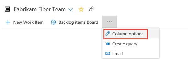 Captura de pantalla que muestra Abrir opciones de columna en el menú Más comandos, Azure DevOps Server 2019.