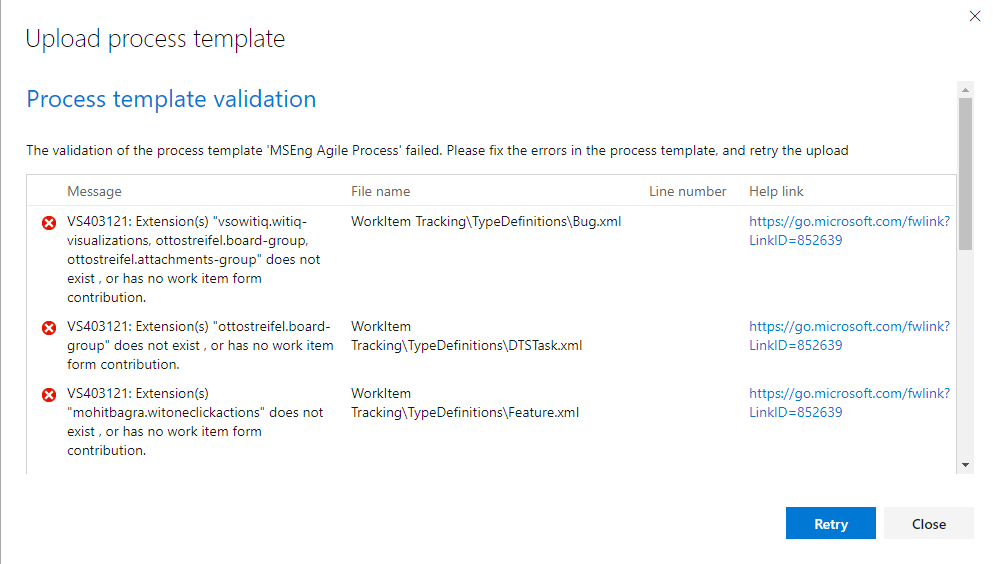 Captura de pantalla de errores de Cargar plantilla de proceso.