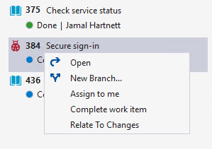 Captura de pantalla de Visual Studio 2019, Team Explorer, Elementos de trabajo, menú contextual de opciones.