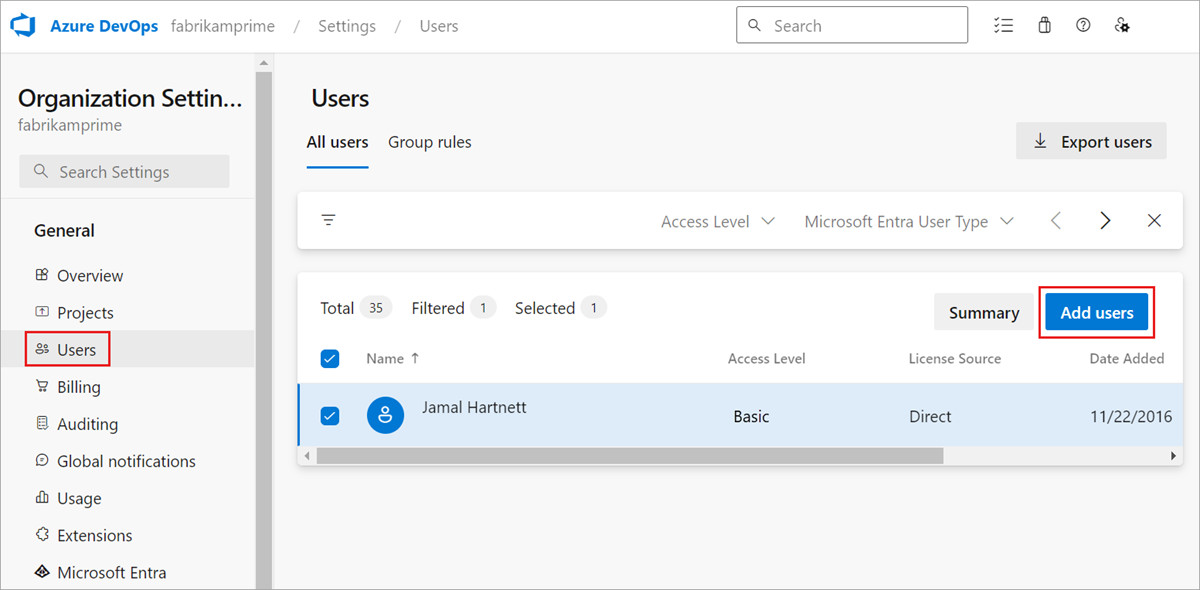Captura de pantalla que muestra la pestaña Seleccionar usuarios y, a continuación, seleccione Agregar usuarios.