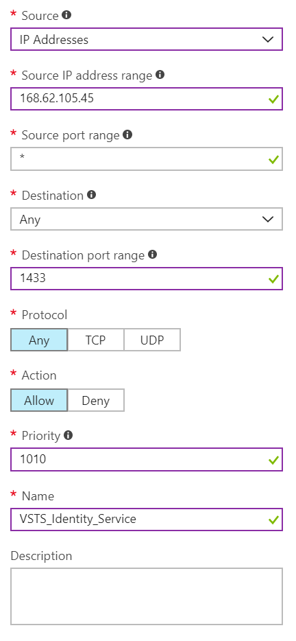 Captura de pantalla de una configuración de regla de puerto de entrada completada.