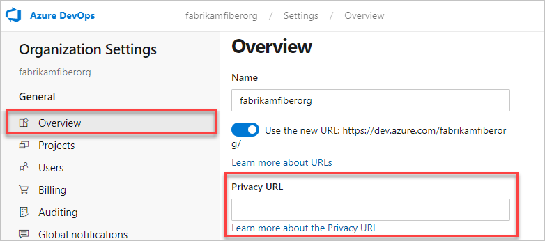 Captura de pantalla que muestra dónde puede agregar la dirección URL de la directiva de privacidad en la configuración de la organización