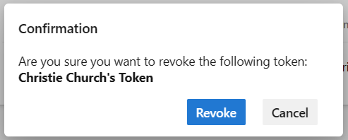 La captura de pantalla muestra el diálogo de confirmación para revocar un PAT.