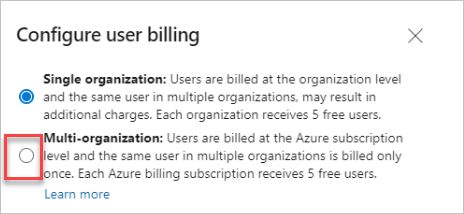 Captura de pantalla que muestra la opción Multi-organization seleccionada en la pantalla Configurar facturación de usuario.