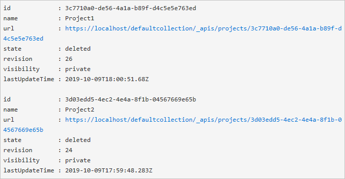 Captura de pantalla del ejemplo de devolución de script de PowerShell para proyectos eliminados.