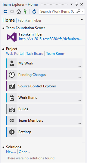 Captura de pantalla de la página principal de Team Explorer w/ TFVC como control de código fuente.