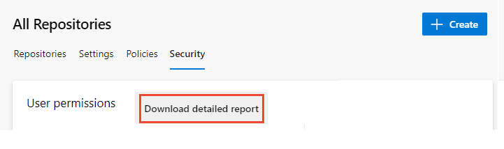 Captura de pantalla de todos los repositorios, página Seguridad, botón Descargar informe detallado.
