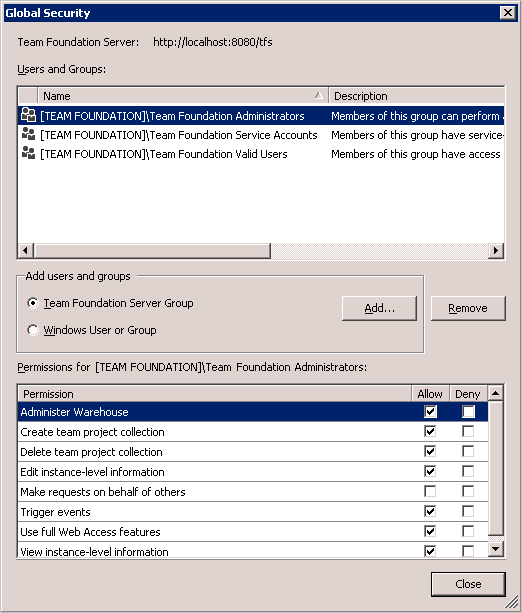Captura de pantalla del cuadro de diálogo grupo de Seguridad de Azure DevOps, versión de TFS-2018.