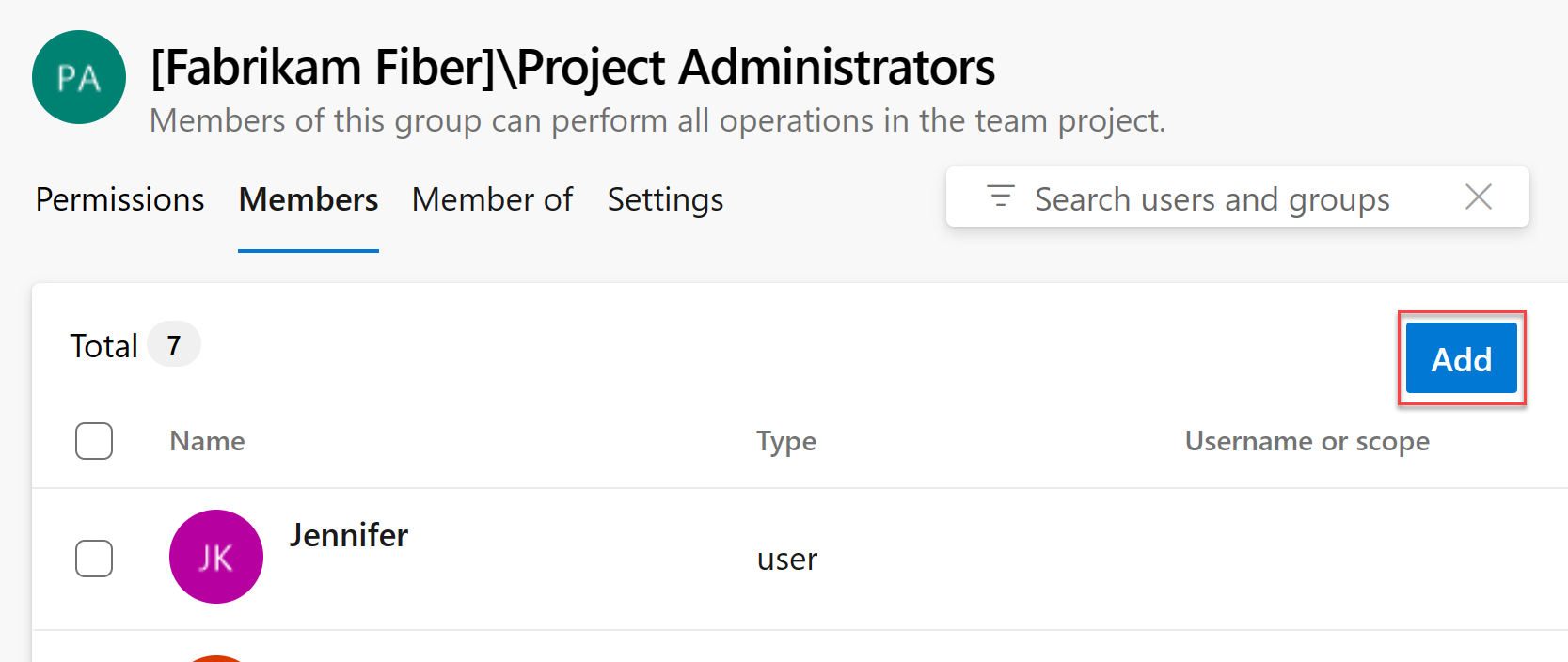 Captura de pantalla en la que se muestran las selecciones de botón, Project Configuración Permissions(Permisos de Project Configuración>) y Add member (Agregar miembro).