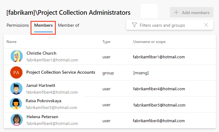 Captura de pantalla que muestra la pestaña Miembros en Permisos para la colección de proyectos Administración gruposistrators.