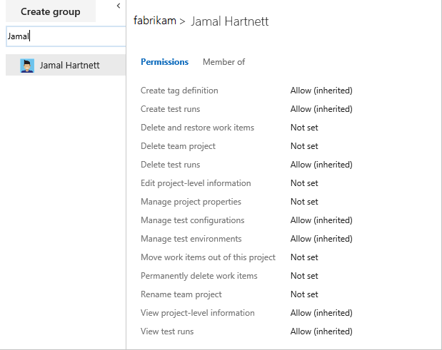 Captura de pantalla que muestra los permisos de nivel de proyecto para un usuario.