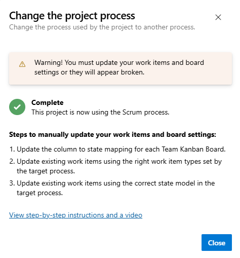 Captura de pantalla del cuadro de diálogo del asistente que muestra otras tareas que se van a completar después de migrar el proyecto del proceso Agile a Scrum.
