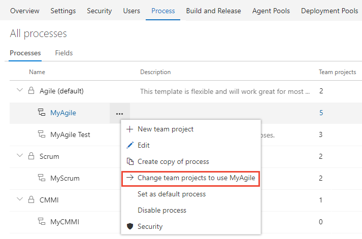 Menú contextual de proceso ágil, Elija Cambiar proyectos de equipo para usar MyAgile.