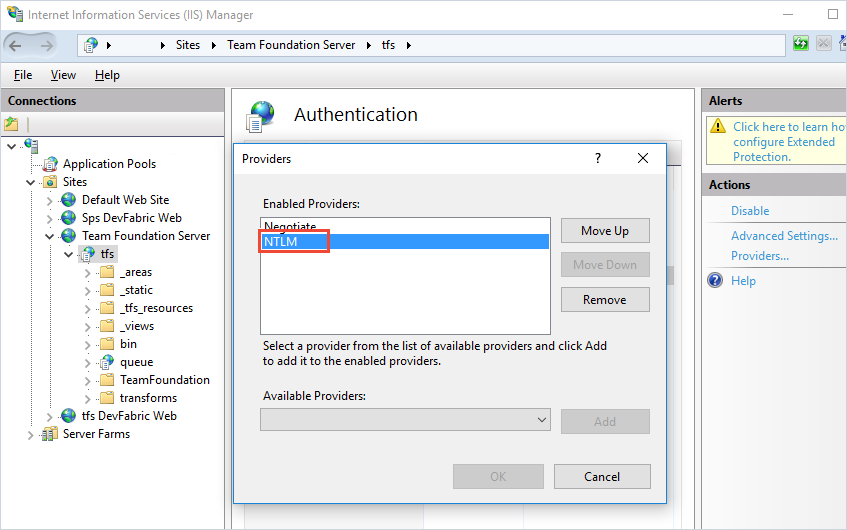 Captura de pantalla de la autenticación de Windows de IIS TFS con configuración del proveedor NTLM.