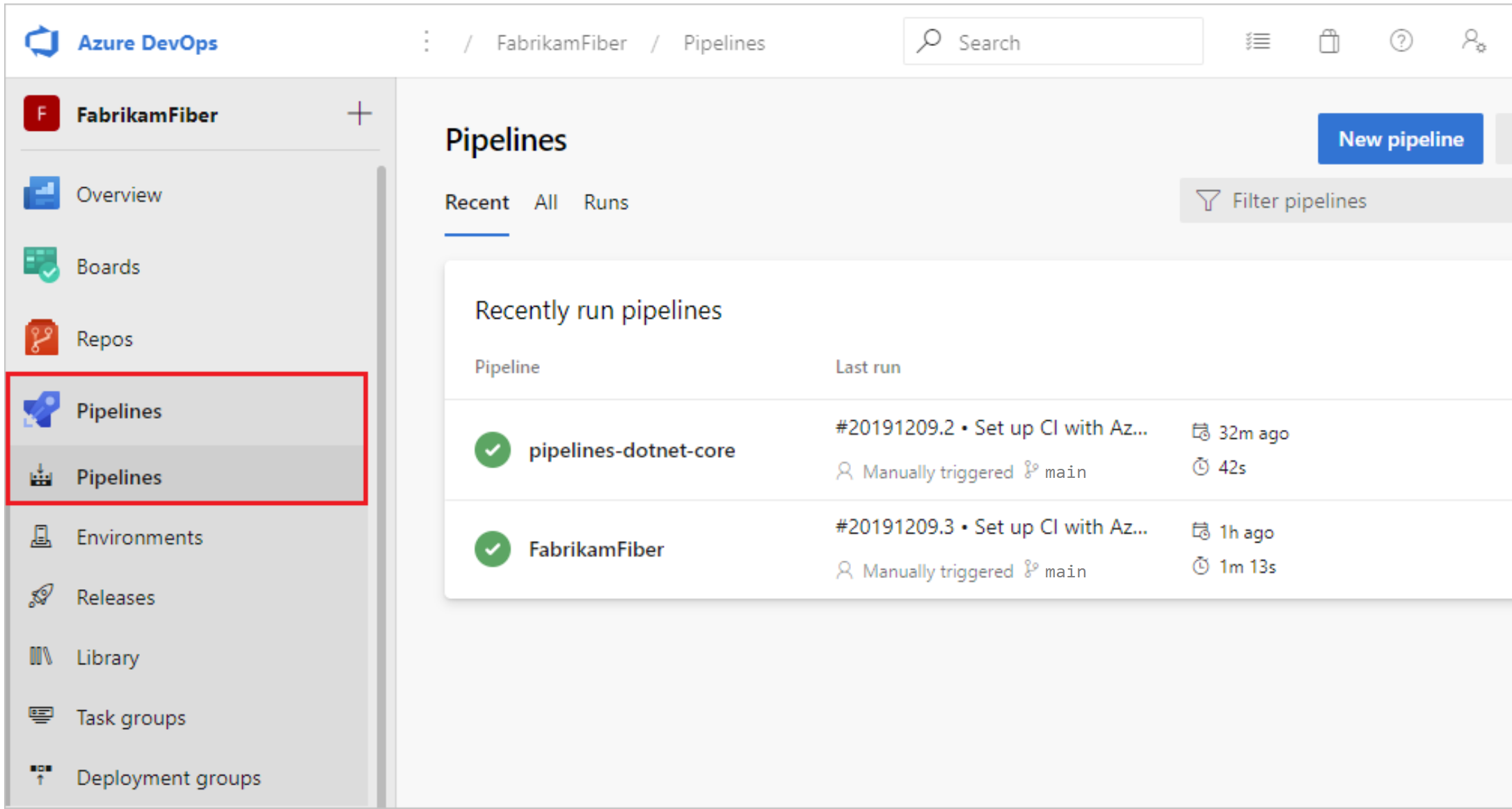 Captura de pantalla de la información general sobre Azure Pipelines.