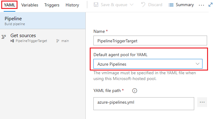 Screenshot of the default agent pool for YAML pipelines.