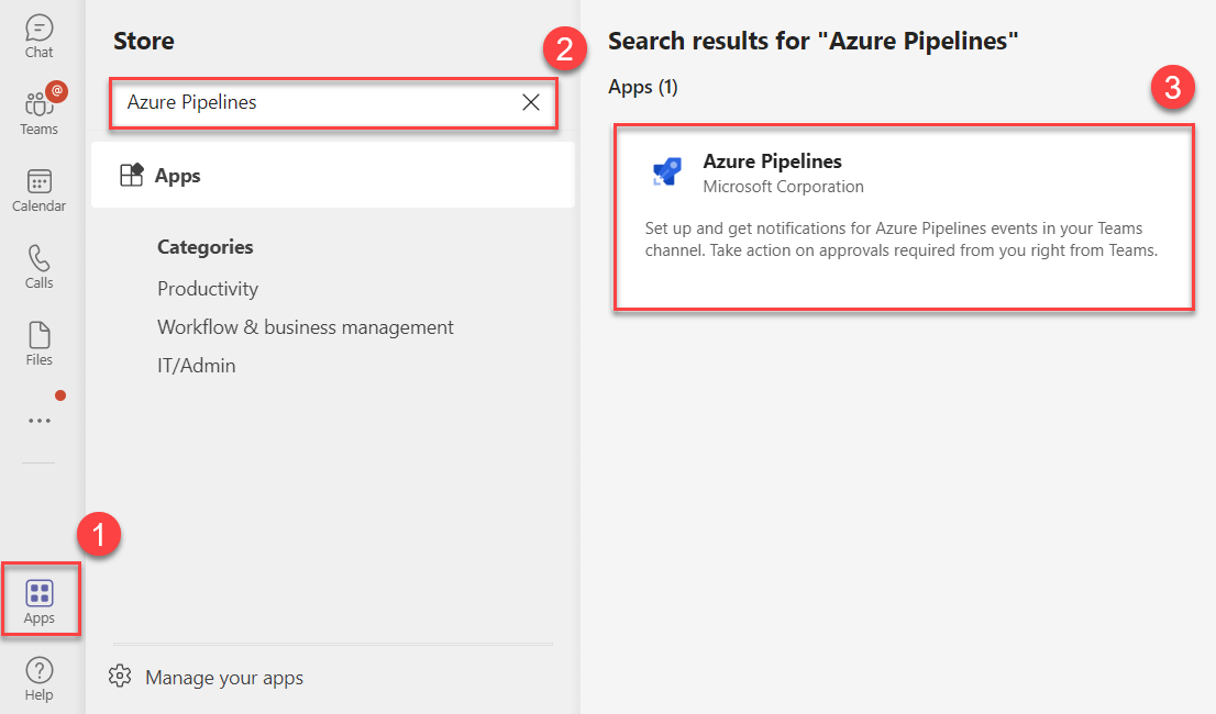 Captura de pantalla de la selección del botón Aplicaciones y el botón Azure Pipelines.